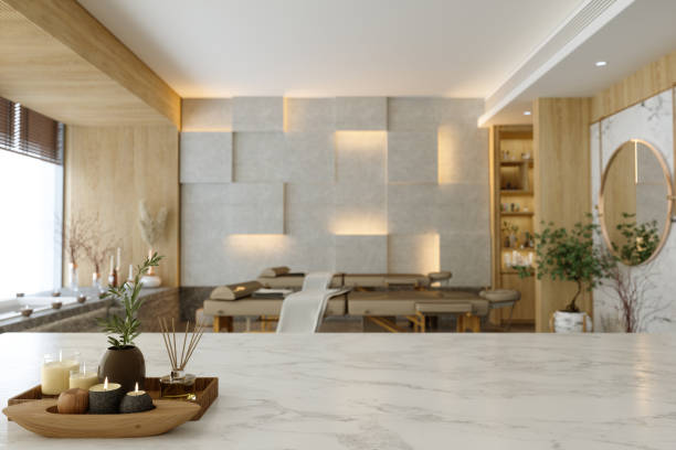 Empty Marble Surface With Blurred Spa Massage Room Interior Background